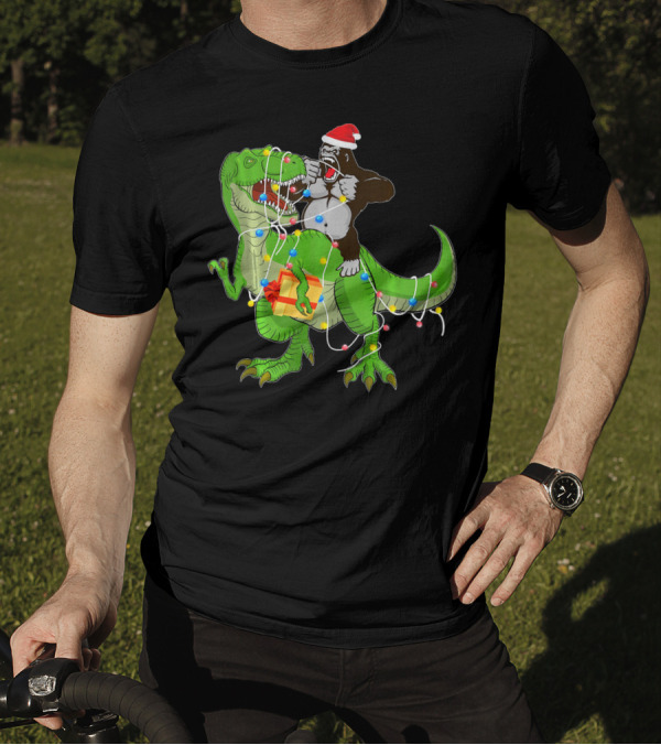 Gorilla Riding Dinosaur Rex Christmas Lights Santa Hat Present T-Shirt