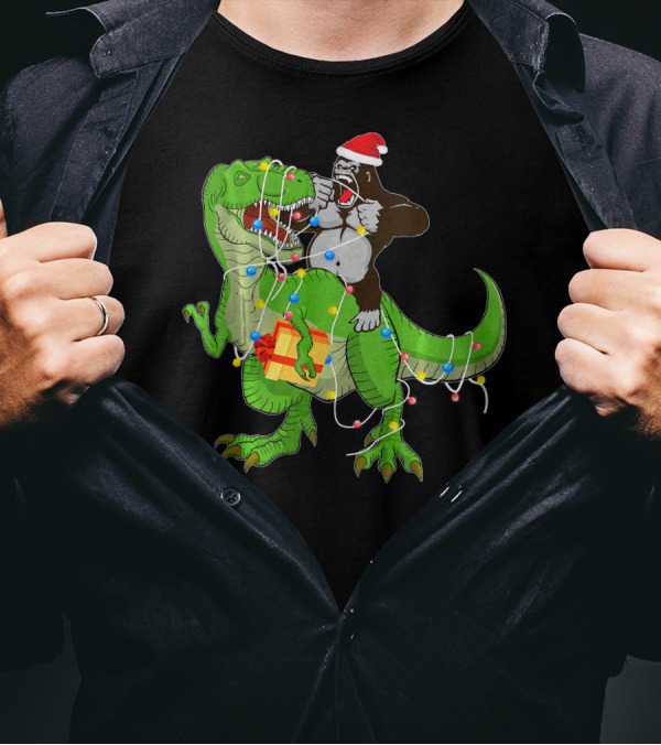 Gorilla Riding Dinosaur Rex Christmas Lights Santa Hat Present T-Shirt
