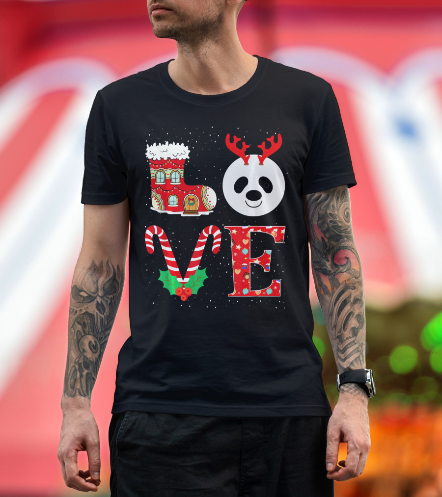 LOVE Panda Reindeer Candy Cane Christmas House T-Shirt