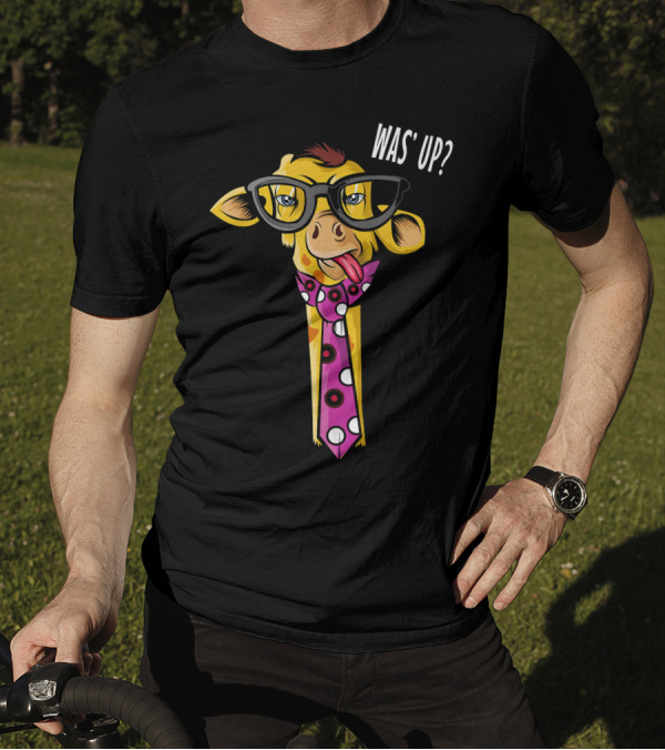 Giraffe With Hipster Glasses And Polka Dot Tie Saying Was' Up T-Shirt