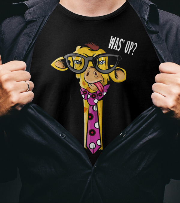 Giraffe With Hipster Glasses And Polka Dot Tie Saying Was' Up T-Shirt