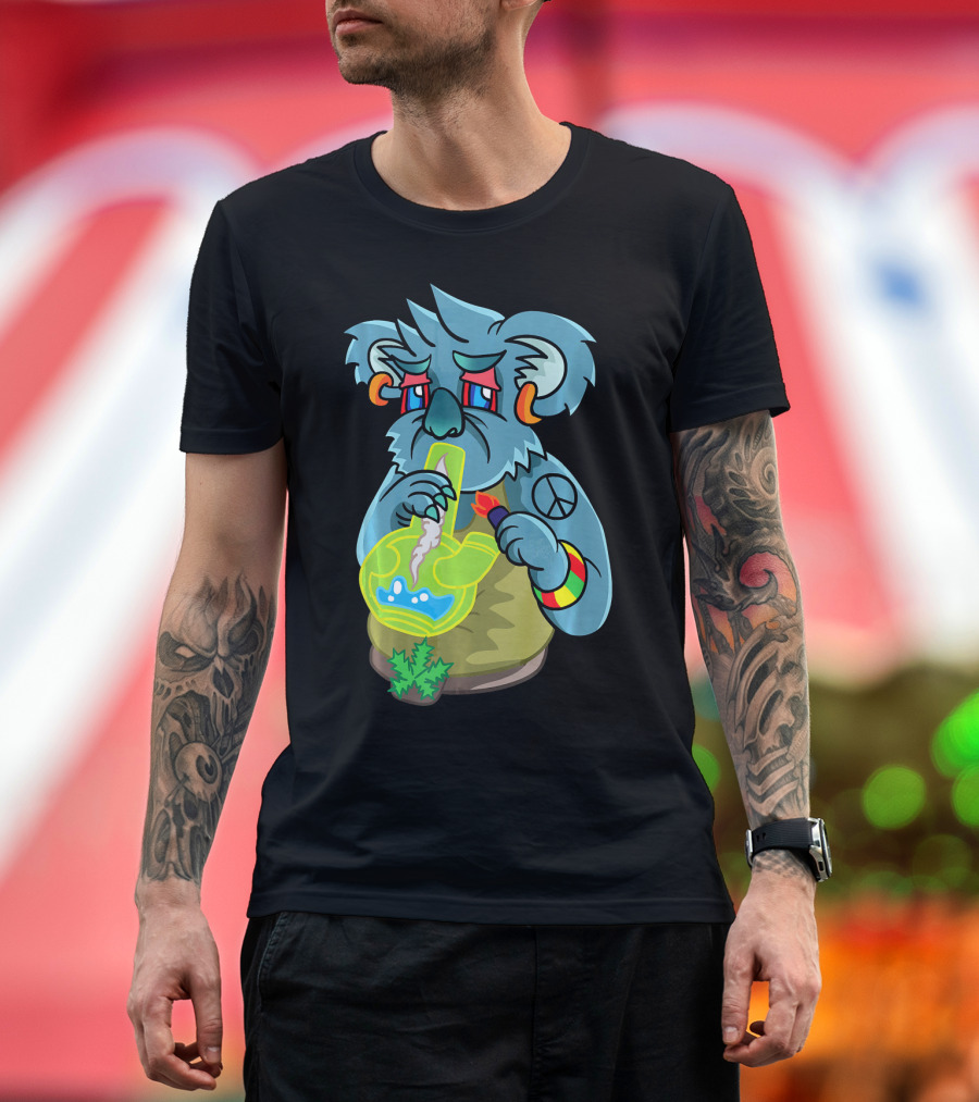 Koala Smoking Weed Cannabis Stoner Marih with Peace Symbol and Colorful Arm Bands T-Shirt