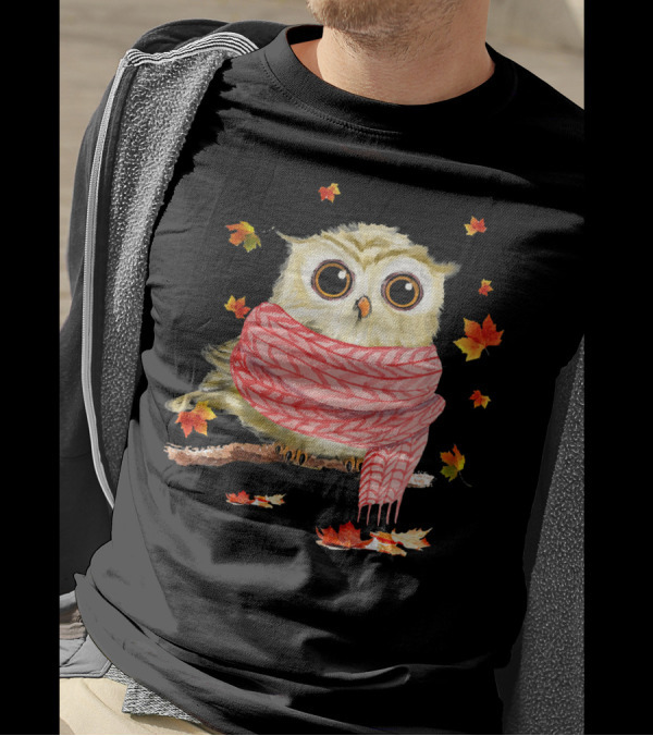 Maple Leaf Autumn Owl With Scarf T-Shirt