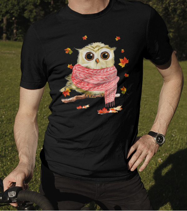 Maple Leaf Autumn Owl With Scarf T-Shirt