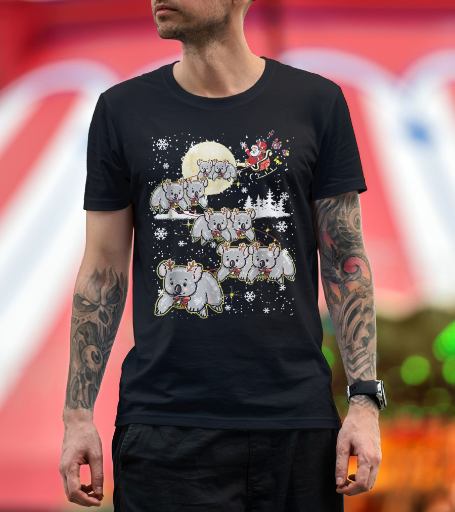 Santa Sleigh with Reindeer Koalas Christmas Moon Snowflakes T-Shirt