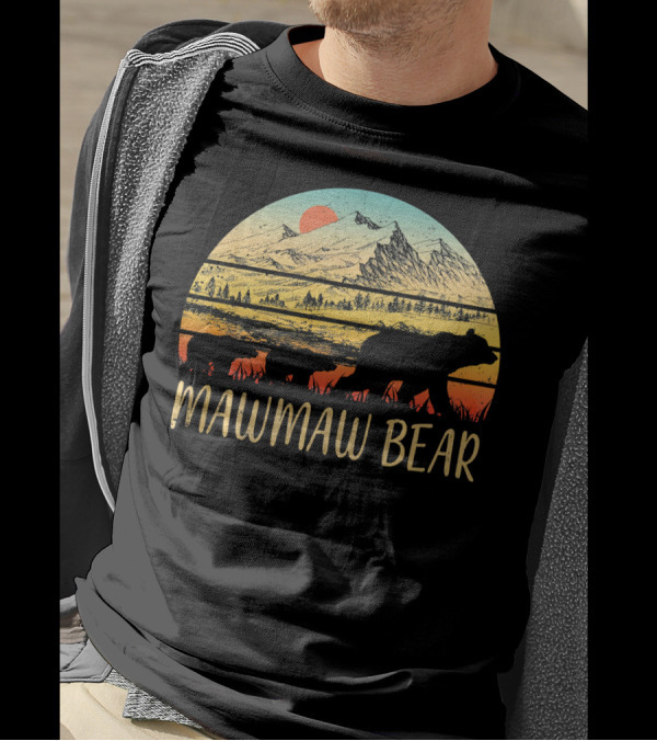 Mawmaw Bear With 2 Cubs Retro Mountain Sunset T-Shirt