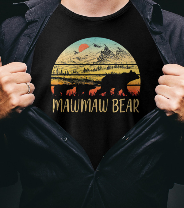 Mawmaw Bear With 2 Cubs Retro Mountain Sunset T-Shirt