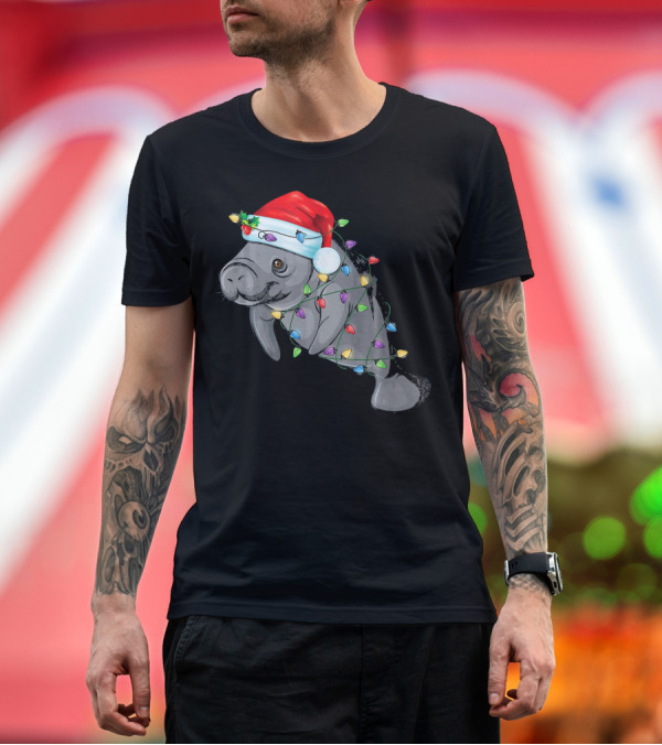Premium T-Shirt: Manatee Wrapped in Christmas Lights Wearing a Santa Hat T-Shirt Manatee Wrapped in Christmas Lights Wearing a Santa Hat T-Shirt