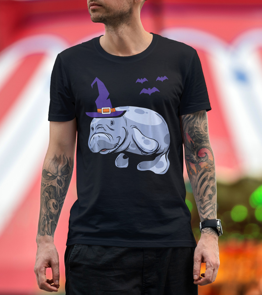 Lazy Witch Manatee Halloween Sea Cow with Purple Hat and Flying Bats T-Shirt