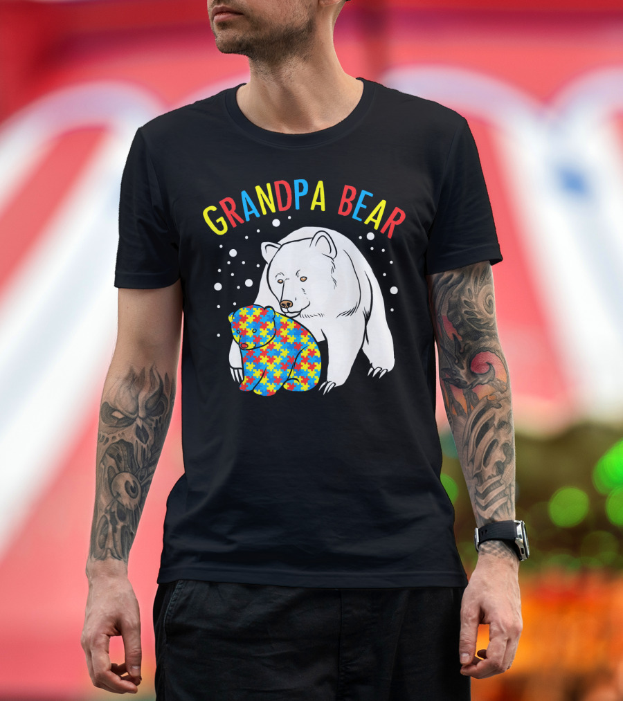 Grandpa Bear Autism Awareness Puzzle Pattern Mens T-Shirt