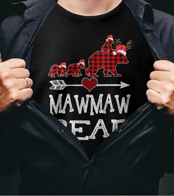 Mawmaw Bear Red Plaid Reindeer Santa Hat Family Holiday Dabbing T-Shirt