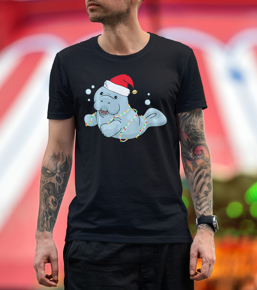 Manatee Santa Hat Holiday Lights T-Shirt