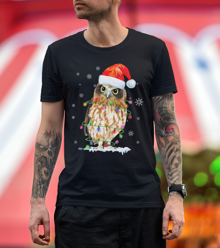 Owl Looking At You Christmas Lights Santa Hat Snowflakes T-Shirt
