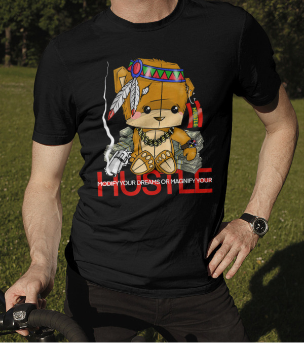 Modify Your Dreams Or Magnify Your Hustle Teddy Bear With Feathers, Headphones, Smoke, And Money Stacks T-Shirt