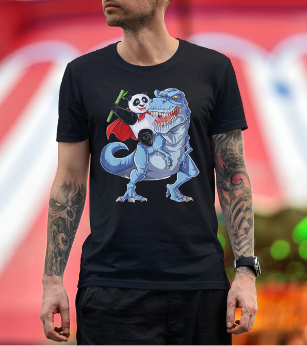 Premium T-Shirt: Panda Superhero Riding Tyrannosaurus Rex T-Shirt Panda Superhero Riding Tyrannosaurus Rex T-Shirt