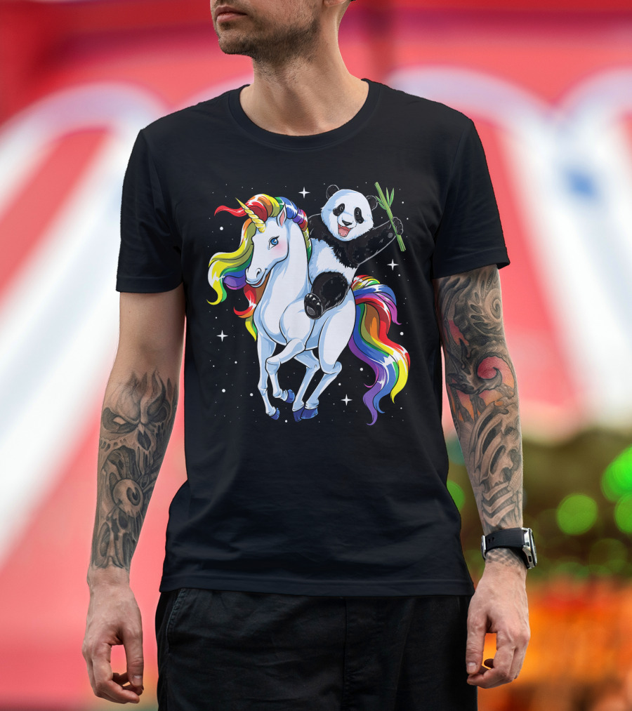 Panda Riding Rainbow Unicorn T-Shirt