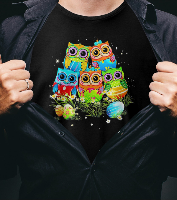 MIAPRINTSPRO Colorful Five Owls With Easter Eggs T-Shirt