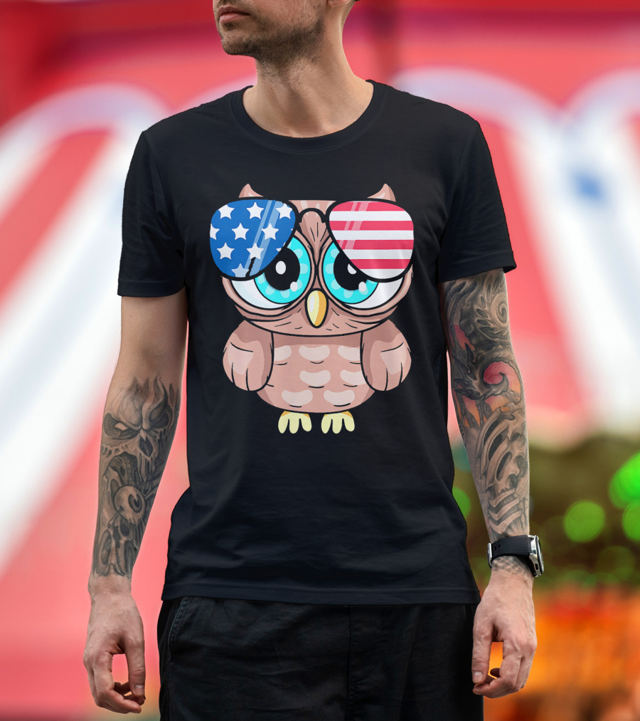 Owl Wearing American Flag Sunglasses for 4th of July Patriotic T-Shirt