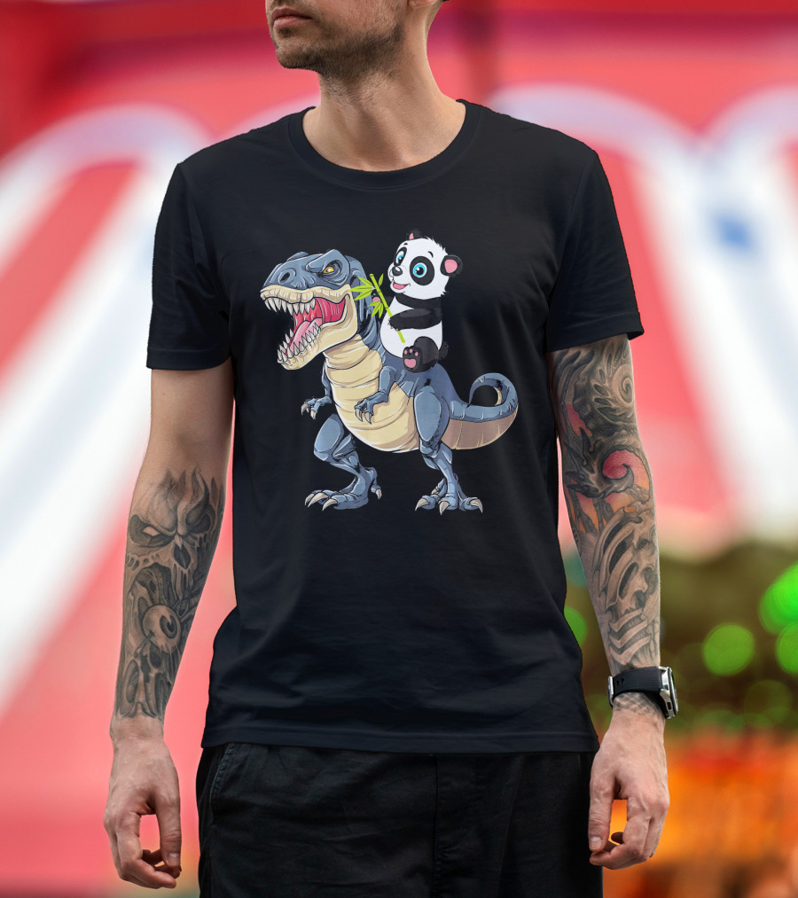 Panda Riding Dinosaur Rex with Bamboo Stick T-Shirt