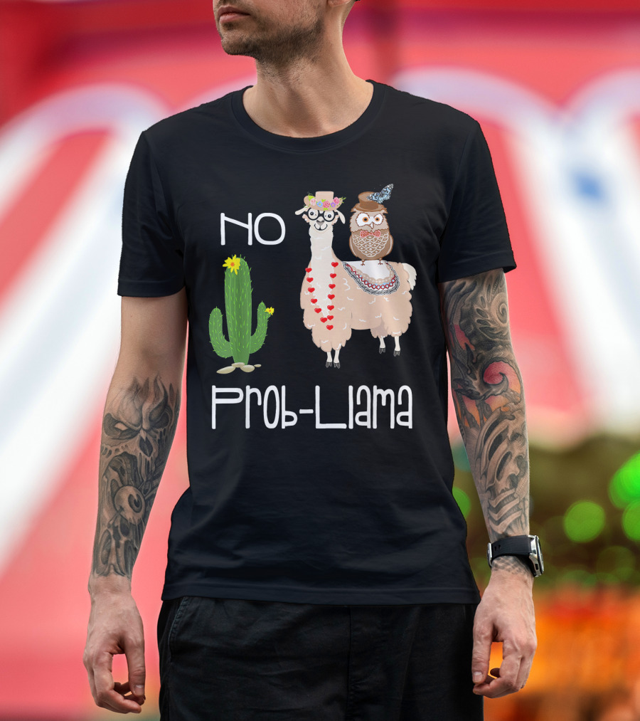 No Prob Llama Owl in Hat with Cactus and Hearts T-Shirt