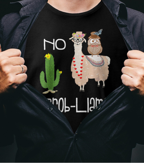 No Prob Llama Owl In Hat With Cactus And Hearts T-Shirt