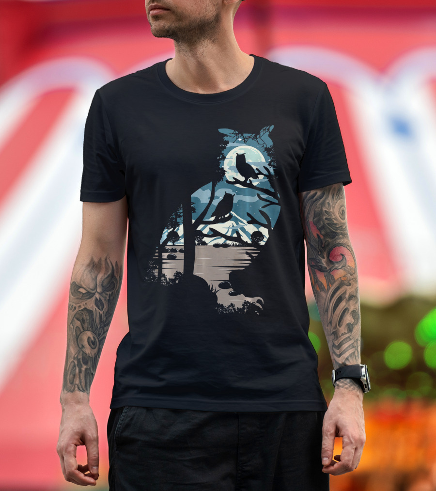 Owl Nature Mountain Moon Night Silhouette Scene T-Shirt
