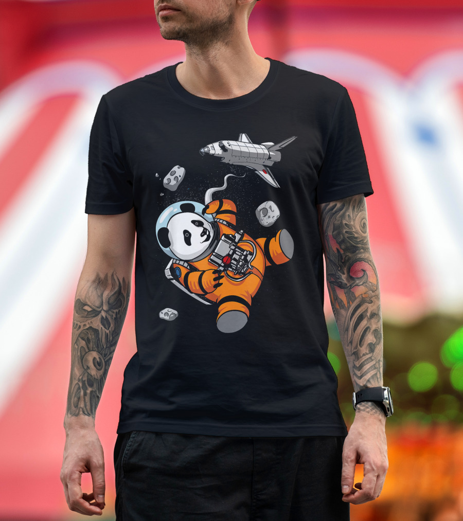 Panda Bear Astronaut in Space with Shuttle Floating Amidst Cosmic Rocks T-Shirt
