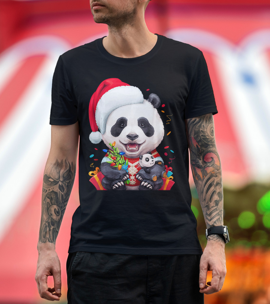Smiling Giant Panda Bear with Christmas Lights and Santa Hat T-Shirt