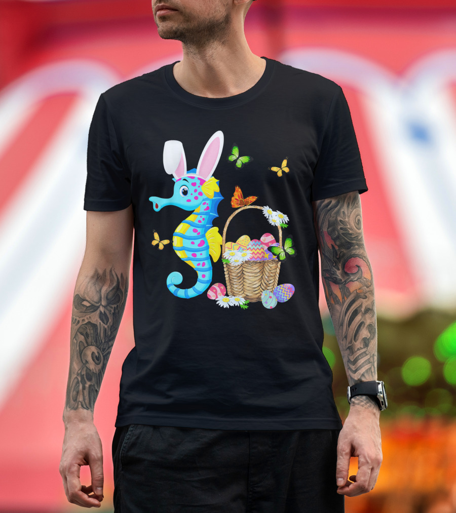 Seahorse Bunny with Easter Eggs and Butterflies T-Shirt