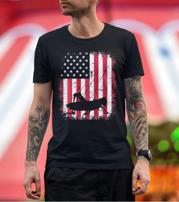 Premium T-Shirt: Retro Vintage Grasshopper on Distressed American Flag Background T-Shirt Retro Vintage Grasshopper on Distressed American Flag Background T-Shirt
