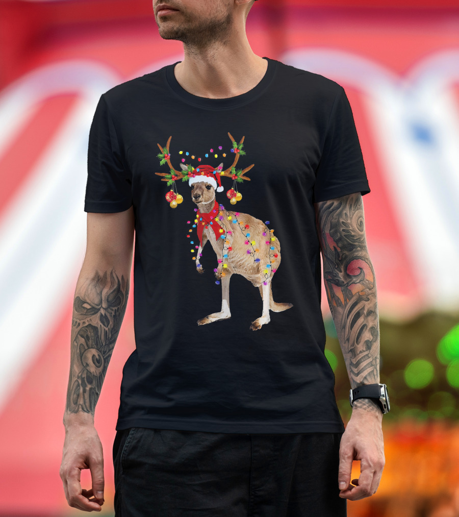 Kangaroo with Christmas Lights and Reindeer Antlers T-Shirt