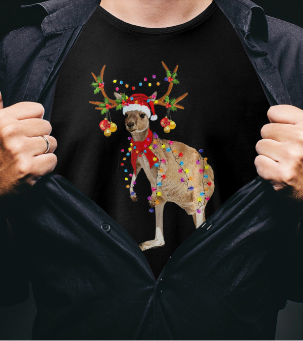 Kangaroo With Christmas Lights And Reindeer Antlers T-Shirt