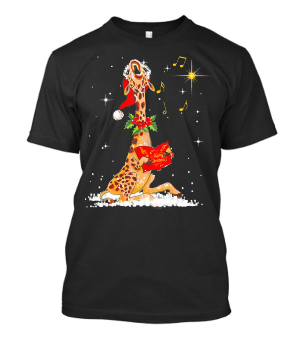 Tee89s Giraffe Merry Christmas Song With Musical Notes And Santa Hat T-Shirt