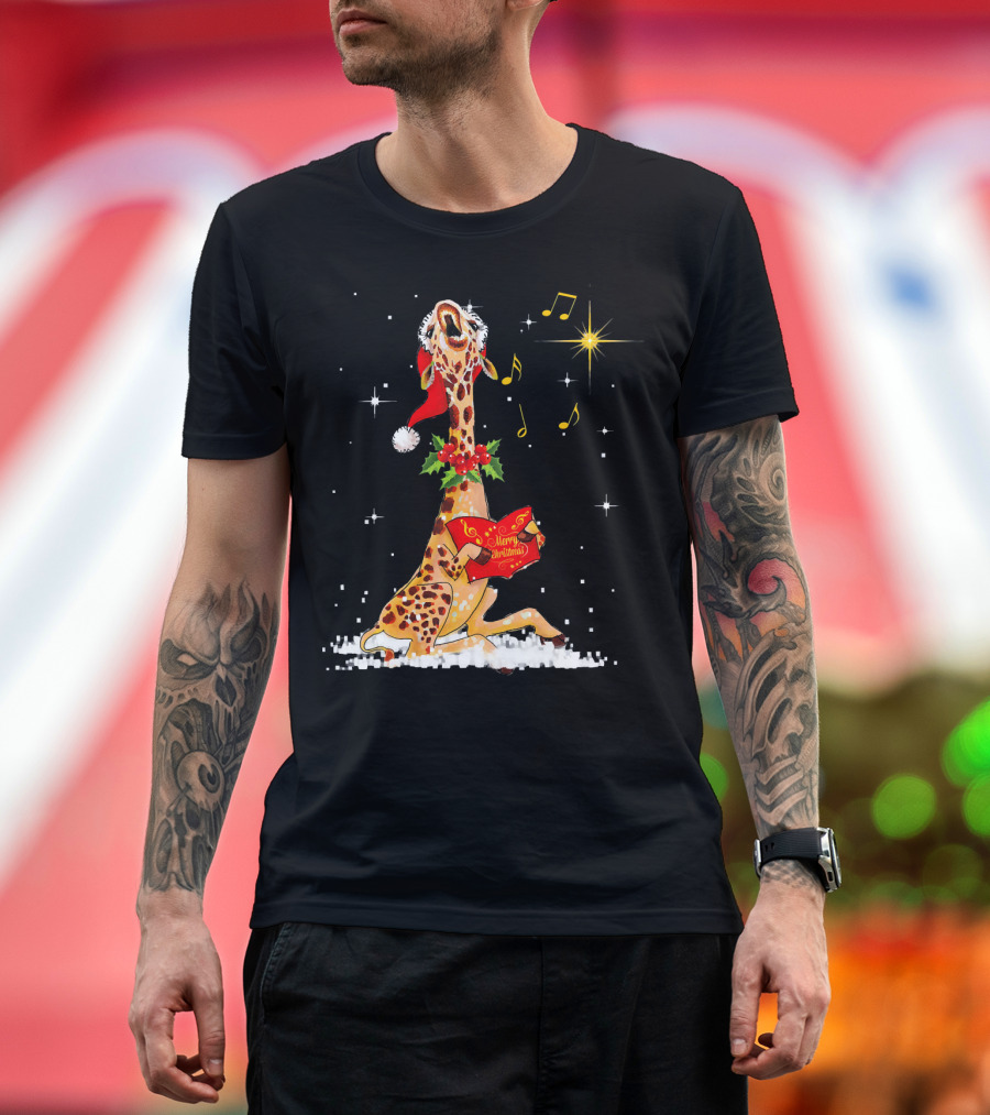 Tee89s Giraffe Merry Christmas Song with Musical Notes and Santa Hat T-Shirt