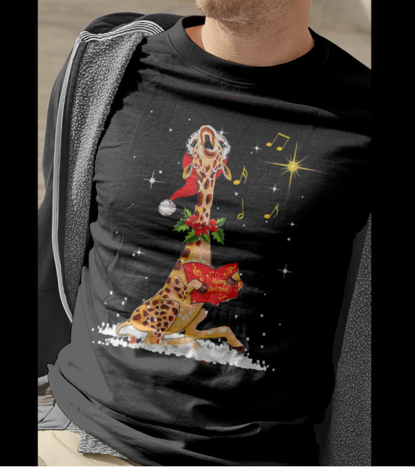 Tee89s Giraffe Merry Christmas Song With Musical Notes And Santa Hat T-Shirt