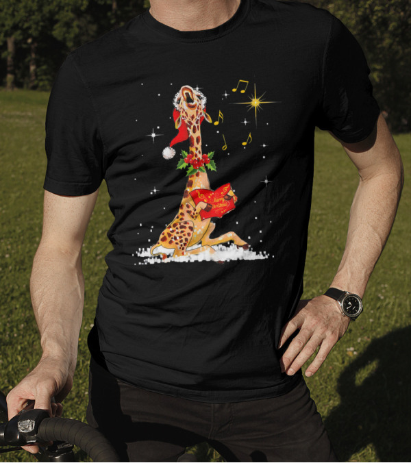 Tee89s Giraffe Merry Christmas Song With Musical Notes And Santa Hat T-Shirt