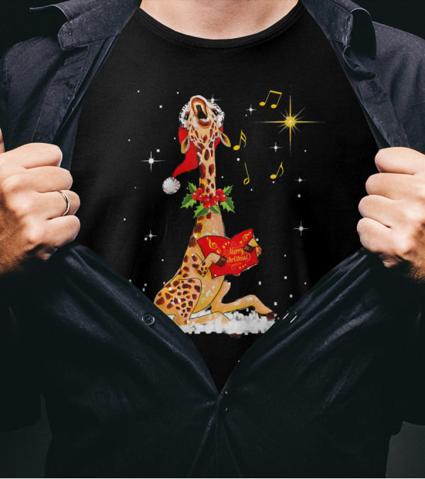 Tee89s Giraffe Merry Christmas Song With Musical Notes And Santa Hat T-Shirt
