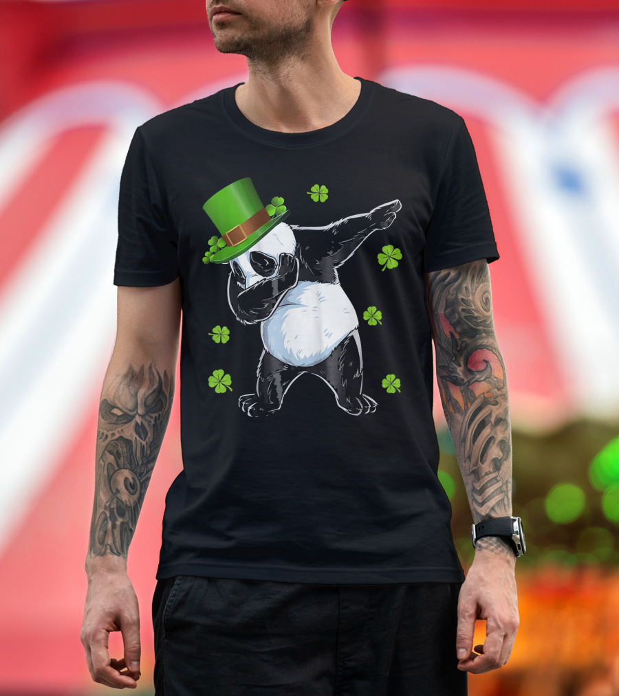 St Patricks Day Dabbing Panda Bear with Clover Hat T-Shirt