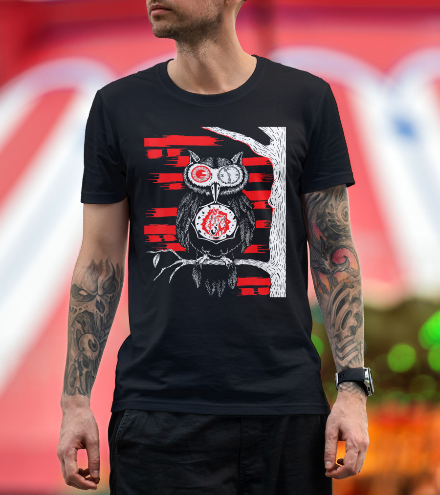 Trash Polka Steampunk Owl with Clock Eyes and Fiery Heart on Tree T-Shirt