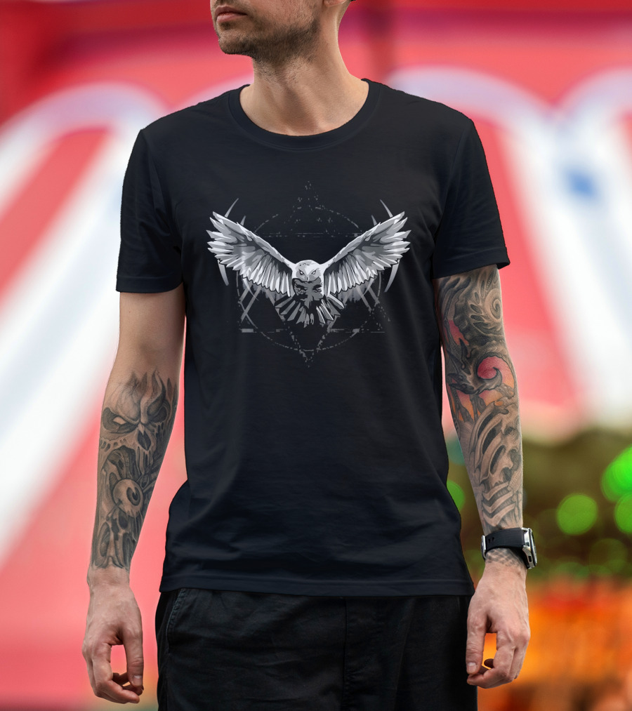 Snowy Owl Wings Spread Over Geometric Star T-Shirt