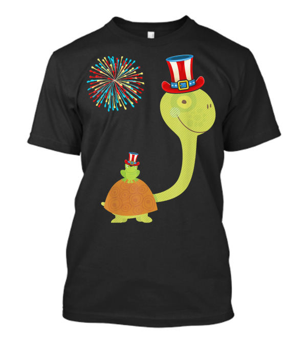 4th Of July Tortoise And Turtle With Fireworks And Patriotic Hats T-Shirt