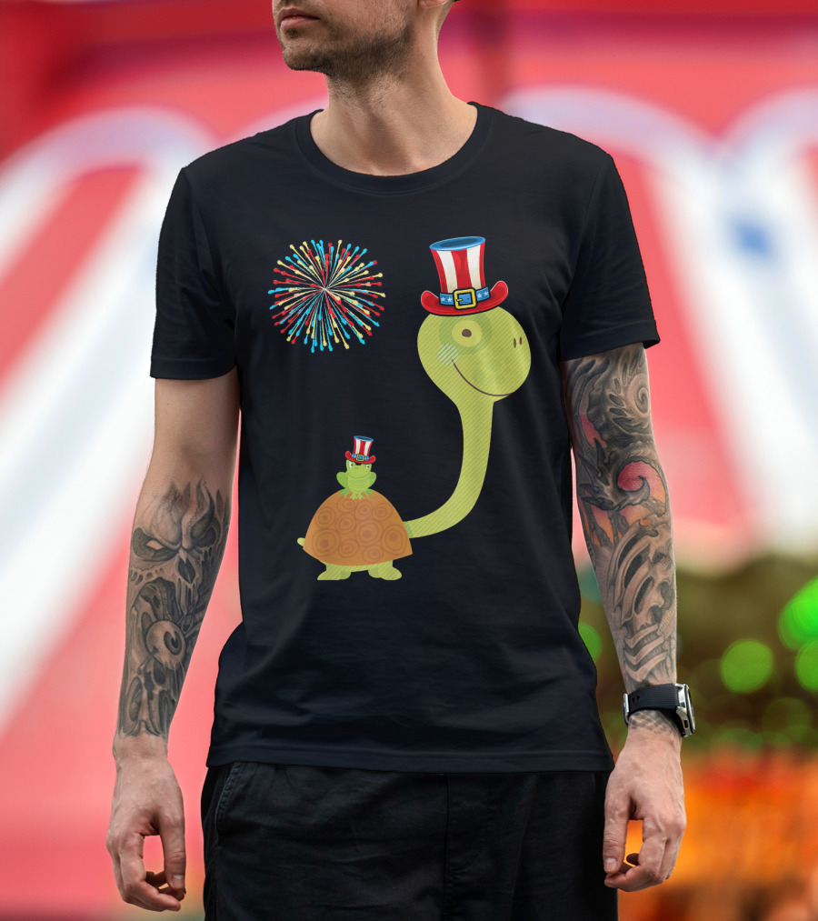 4th of July Tortoise and Turtle with Fireworks and Patriotic Hats T-Shirt