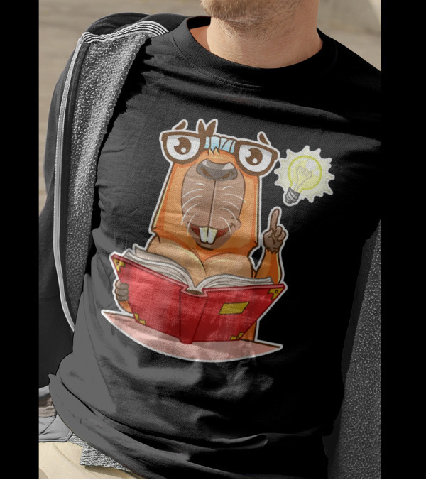 Capybara Reader With Glasses Holding Red Book And Light Bulb Idea T-Shirt