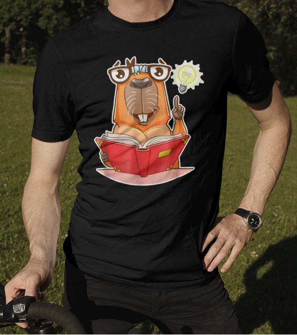 Capybara Reader With Glasses Holding Red Book And Light Bulb Idea T-Shirt