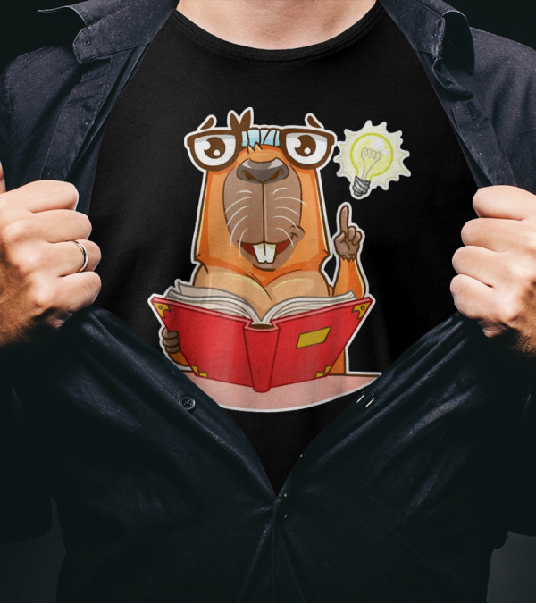Capybara Reader With Glasses Holding Red Book And Light Bulb Idea T-Shirt