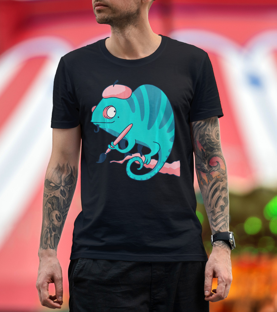 Chameleon Painter Funny Cartoon Art Brush Hat T-Shirt