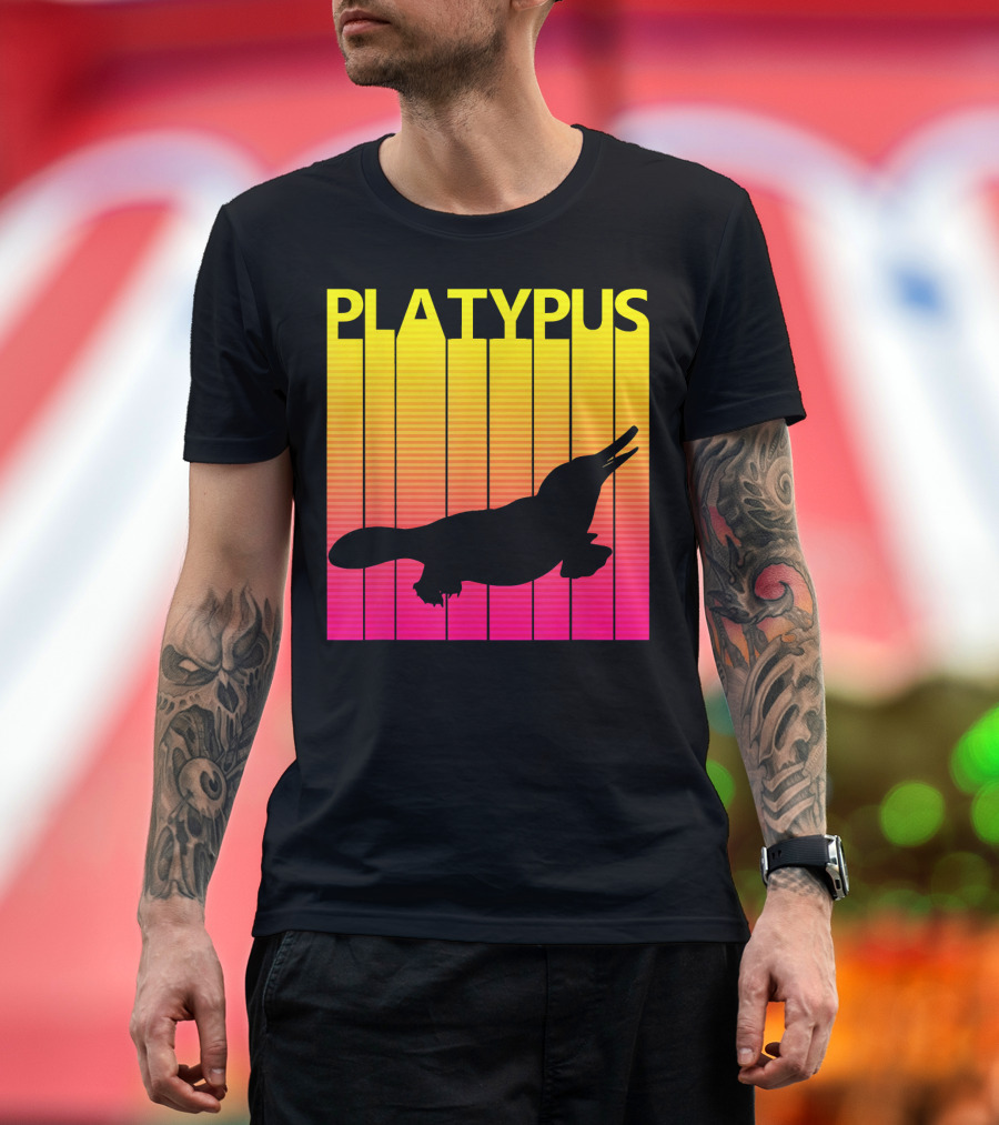 1980s Retro Platypus Silhouette with Yellow and Pink Gradient Lines T-Shirt