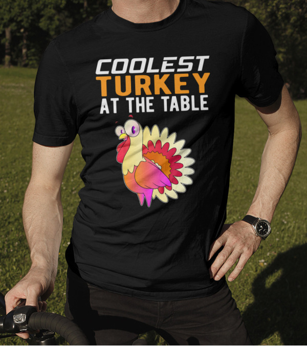 Coolest Turkey At The Table Vibrant Cartoon Style Thanksgiving Family T-Shirt