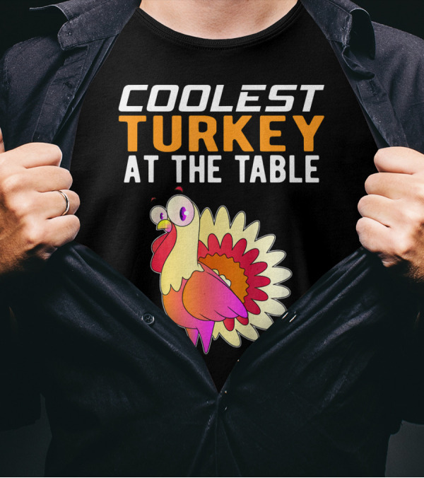 Coolest Turkey At The Table Vibrant Cartoon Style Thanksgiving Family T-Shirt