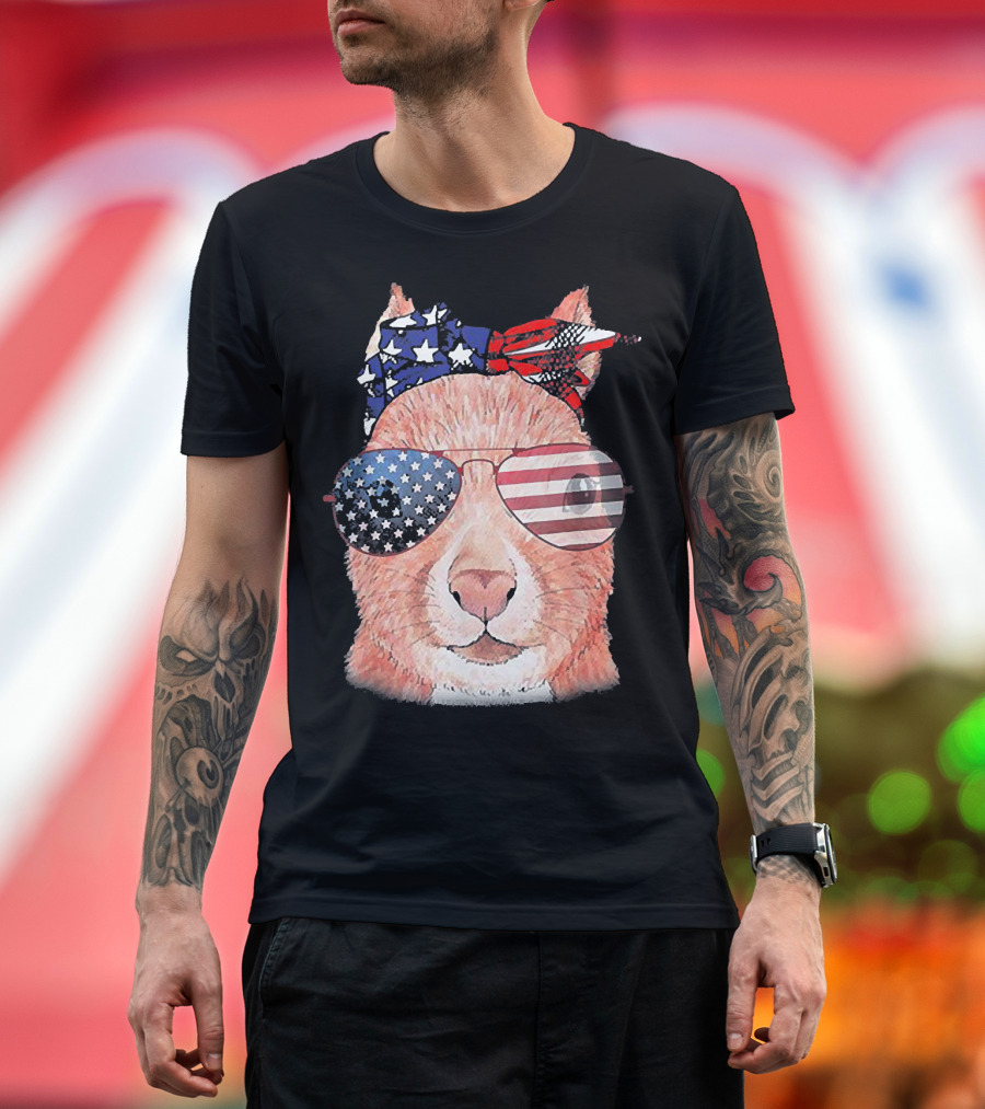 Funny Squirrel in Patriotic American Flag Bandana and Sunglasses T-Shirt
